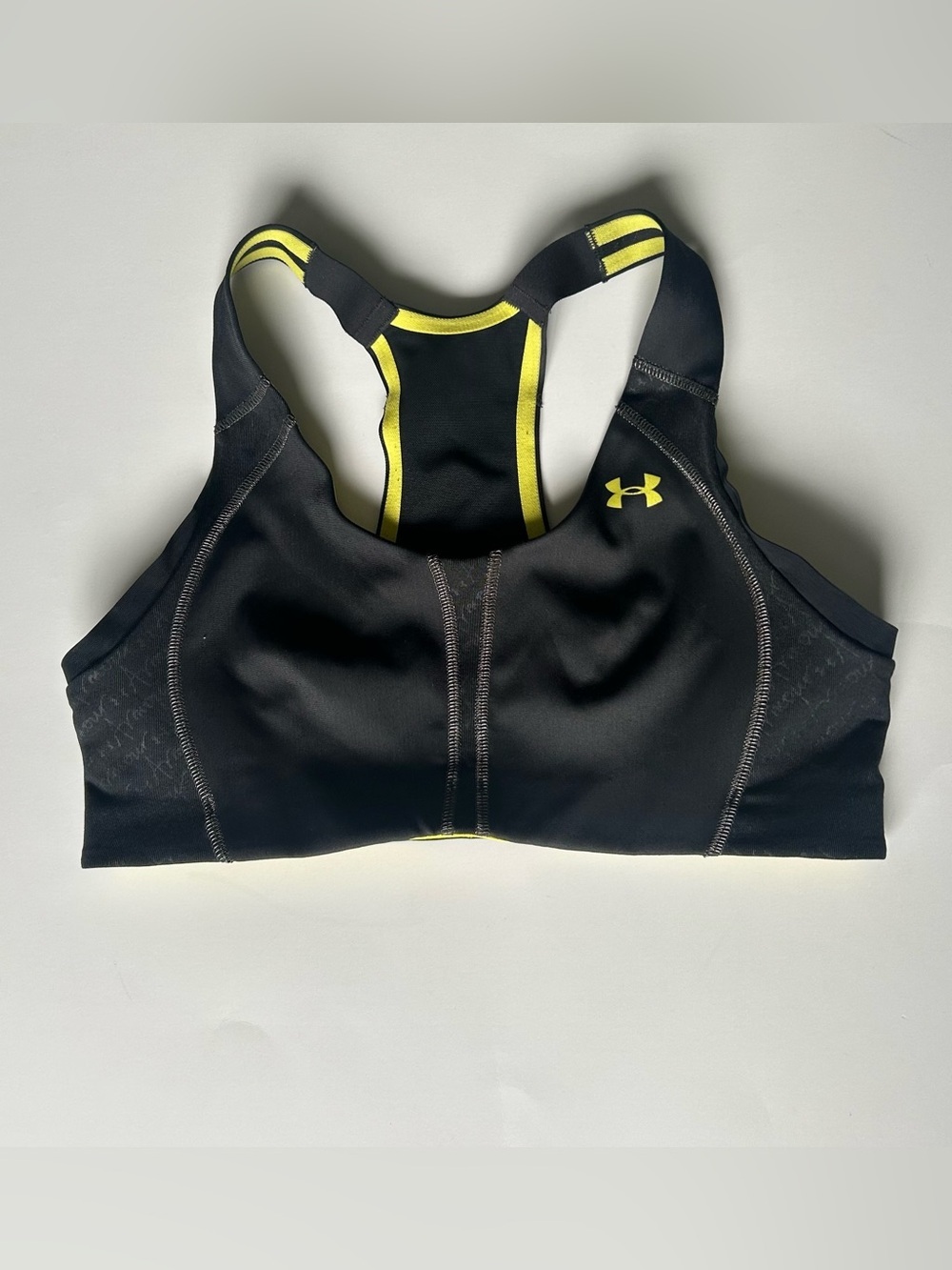 Under Armour Black High-Support Racerback Sports Bra Yellow Trim Size 34A